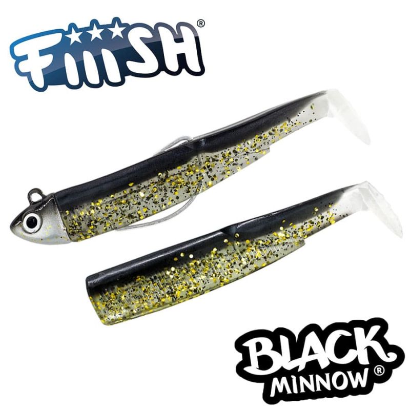 Fiiish Black Minnow No1 Search Combo: Jig Head 4.5g + 2 Lure Bodies 7cm - Black/Gold