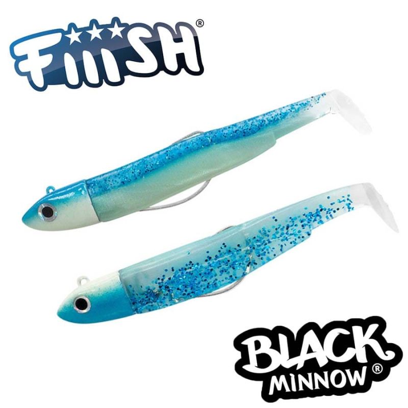 Fiiish Black Minnow No2 Double Combo: 2 Jig Heads 10g + 2 Lure Bodies 9cm - Blue/Glow - Shiny Blue