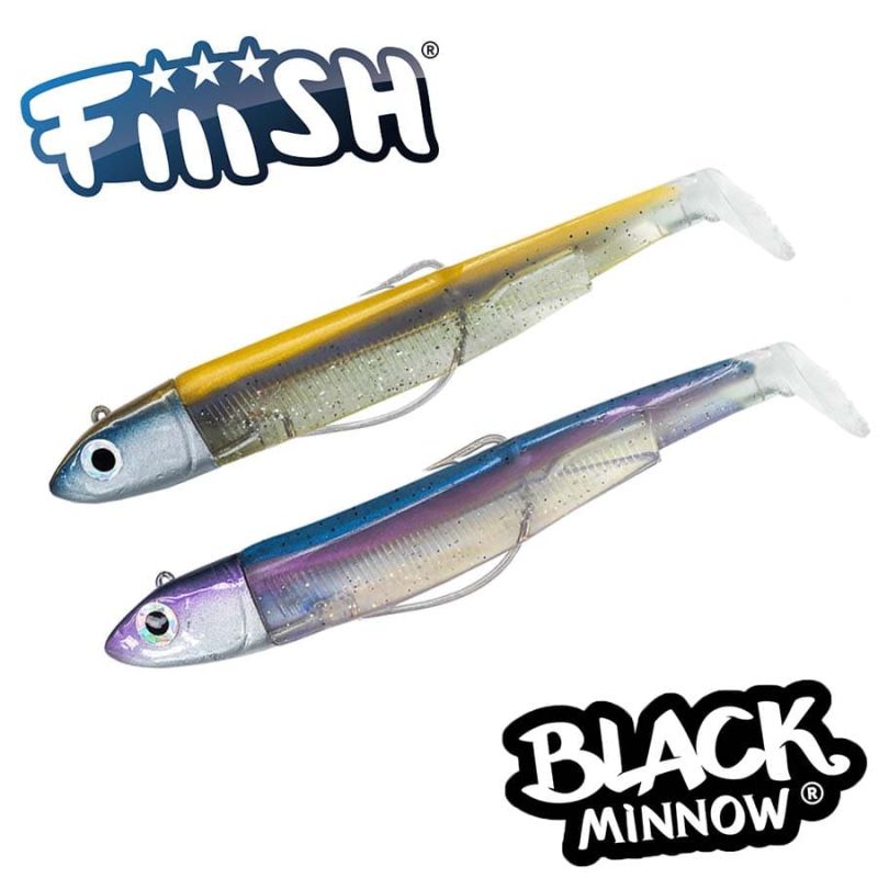 Fiiish Black Minnow No3 Double Combo: 2 Jig Heads 25g + 2 Lure Bodies 12cm - Gold Blue/Rainbow + Rattle