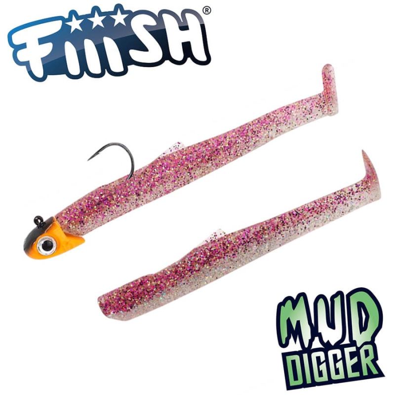 Fiiish Mud Digger Combo: Jig Head 10g Black/Orange + 2 Lure Bodies 9cm - Purple Glitter