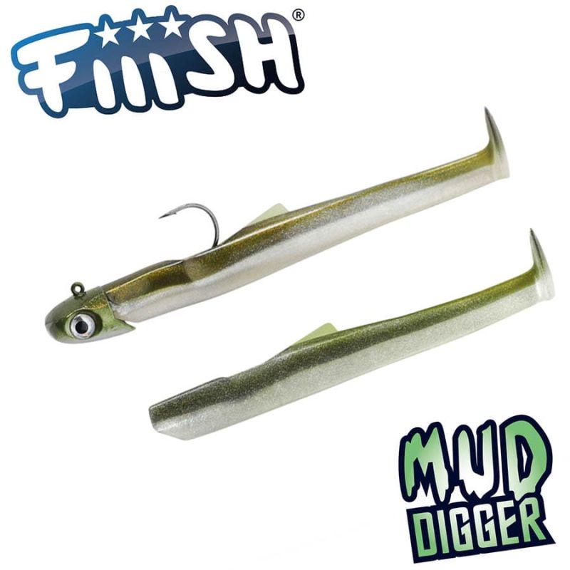 Fiiish Mud Digger Combo: Jig Head 10g Kaki + 2 Lure Bodies 9cm - Kaki