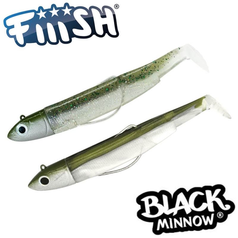 Fiiish Black Minnow No2 Double Combo: 2 Jig Heads 10g + 2 Lure Bodies 9cm - Kaki/Ghost Minnow