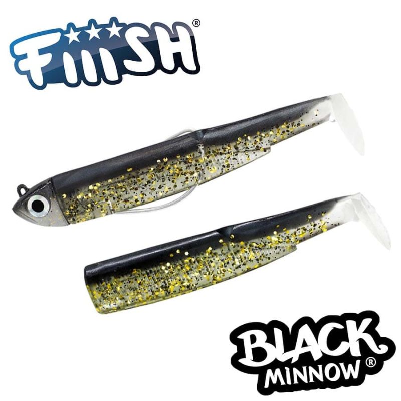 Fiiish Black Minnow No3 Combo: Jig Head 12g + 2 Lure Bodies 12cm - Black/Gold