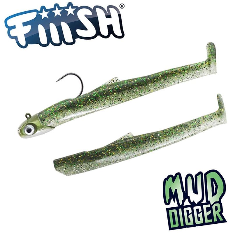 Fiiish Mud Digger Combo: Jig Head 15g Kaki + 2 Lure Bodies 9cm - Green Shiner
