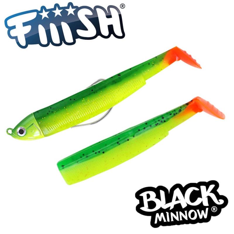 Fiiish Black Minnow No5 Combo: Jig Head 15g + 2 Lure Bodies 16cm - Green/Orange